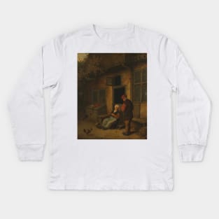 A Woman Cleaning Herring in Front of a House by Adriaen van Ostade Kids Long Sleeve T-Shirt